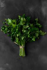 bunch of green parsley on a dark background, top view