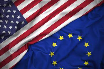 Fototapeta na wymiar United States of America (USA) and European Union (EU) Flag Background. Diplomatic and Economic Relations, Global Trade and International Laws Concept. Close Up, High Resolution. 