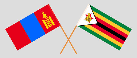 Crossed flags of Mongolia and the Republic of Zimbabwe. Official colors. Correct proportion