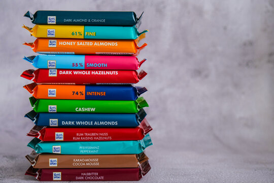 Kiev Ukraine - October 2021 Square chocolate Bar made by Alfred Ritter GmbH Co. chocolate Ritter Sport bars. German chocolate, different tastes. Copy space