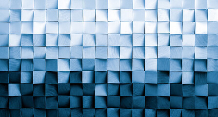 Wood block wall cubic texture background in blue filter . Modern contempolary woodwork wallpaper artwork design .
