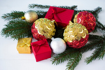 christmas decoration fir branches and christmas balls