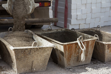 Cement mortar in construction tanks. Cement mortar for brickwork. Cement tank for cement mixer