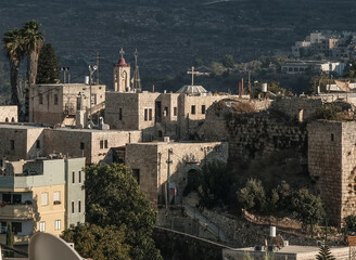 View from the North of Mi'ilya village with the King's Castle and the Melkite Greek Catholics Church in the background, Western Galilee, Northern District of Israel, Israel.