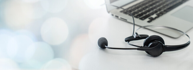 Headset and customer support equipment at call center ready for actively service . Corporate...