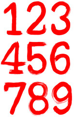 A set of numbers and signs drawn with red acrylic paint on a white background