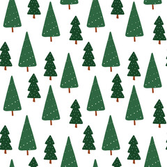 Christmas, New Year seamless pattern in Scandinavian style. Trees, forest repeat print. Winter holidays ornament on white background.
