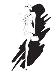 Young beautiful woman in stylish clothes. Sale concept. Hand-drawn fashion illustration