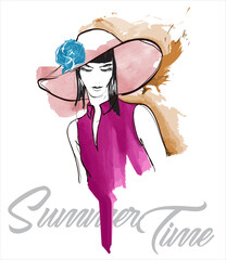Young beautiful woman in stylish clothes. Sale concept. Hand-drawn fashion illustration