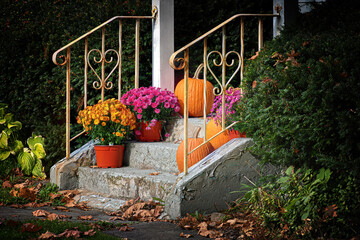 Fototapeta na wymiar Mums and Pumpkins are put out as decorations on the porch steps in October to celebrate Holloween. 