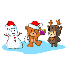 Vector illustration of two little bears in christmas theme cloths and big snowman