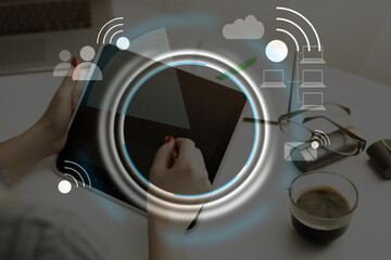 Woman hand using tablet with wifi icon. Business communication social network concept.