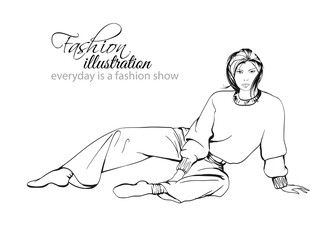 Young beautiful woman in stylish clothes. Sale concept. Hand-drawn fashion illustration