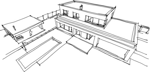 hand drawn architectural sketches of modern one story detached house with flat roof and garden house and swimming pool