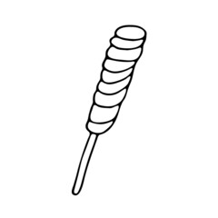 Candy in the doodle style. Candy on a stick, twisted into a spiral. A simple illustration for shops, pastry shops, cafes, children's parties. A twisted lollipop on a stick.