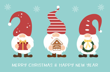 Cute Christmas gnomes hold different things in their hands: gift box, gingerbread house, Christmas wreath. Winter gnomes holiday set. Baby dwarf decor. Isolated on blue background.