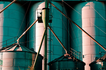 Close-up form a front view of a pair of silos of a flour factory a country town near Cordoba Argentina