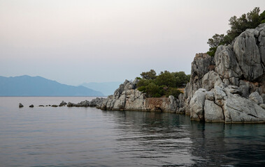 Fototapeta na wymiar Rocky sea island with trees at sunset