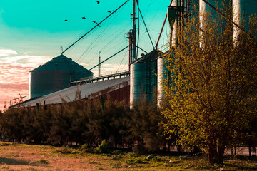 View in perspective of the outside of a flour factory in a country town near Cordoba Argentina. 