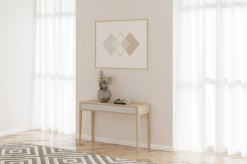 A bright modern room with two large windows, a carpet on the parquet floor, a horizontal poster over a wooden console with a vase with dried flowers and books. 3d render