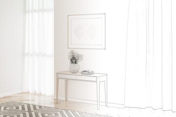 A sketch becomes a real bright modern room with two large windows, a carpet on the parquet floor, a horizontal poster over a wooden console with a vase with dried flowers and books. 3d render