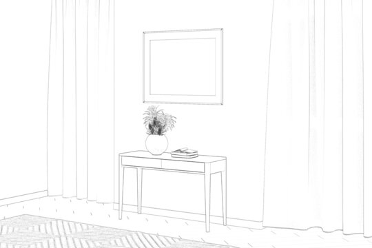 Sketch of the modern room with two large windows, a carpet on the parquet floor, a horizontal poster over a console with a vase with dried flowers and books. 3d render