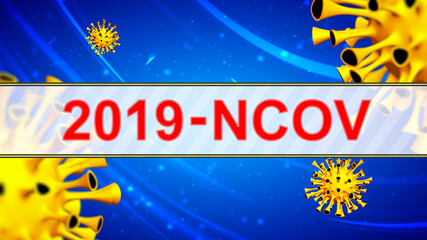 The title Covid-19 on the art wallpaper with a set of yellow viruses on blue abstract background. 3D Illustration.