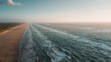 Aerial drone view of endless ocean beach with white sand and grass dunes. Panorama beach wild nature on a warm summer vacation day. Ocean coastline landscape in Denmark and Netherlands in Europe
