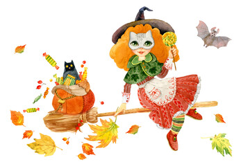 Cute witch girl flying on a broom with a cat and a bag of sweets. Halloween set. Hand painted illustration for design.