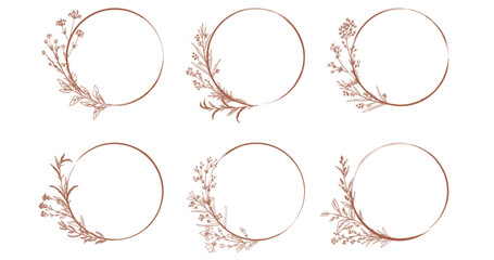 Collection of hand drawn brown vector floral frames. Decorative round elements from plants. Vintage design.