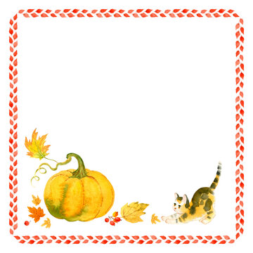 Tricolor cat playing with autumn leaves and pumpkin. Halloween set. Hand painted illustration for postcards and design. Images isolated on white background.