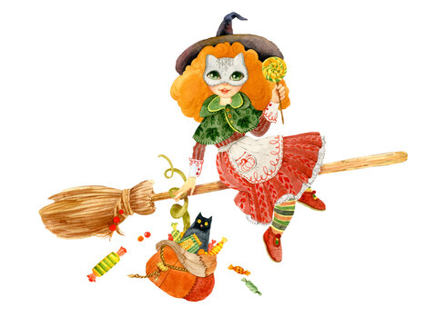 Cute witch girl in a cat mask, with a lollipop in her hand, a cat, a Halloween pumpkin, a bag of sweets. Halloween set. Hand painted illustration for design. Images are isolated on white background.