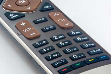 remote control from the TV on a white background. Close-up of a TV remote control. selective focus.