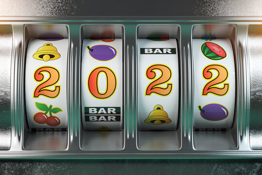 2022 Happy New Year  in casino. Slot machine with jackpot number 2022.