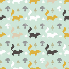 colored seamless pattern with mushrooms and foxes