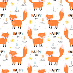 colored seamless pattern with cute happy fox
