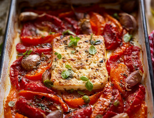Feta pasta, a popular feta cheese and tomato dish with garlic and herbs in an enamel baking dish, close up view