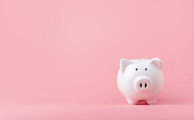 Money saving and investment concept. Piggy bank on pink background with copy space