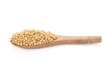 Soybeans in wood spoon isolated on white background with clipping path