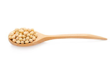 Soybeans in wood spoon isolated on white background with clipping path