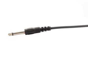 Guitar audio jack with black cable isolated on white background.