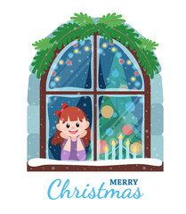Christmas and New Year card with the girl at the window. Festive mood, falling snow, Christmas tree. Postcard is isolated on a white background. Merry Christmas and Happy New Year.