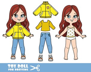 Cartoon brunette girl with lush curly hairstyle dressed and clothes separately - sports jacket, long sleeve t-shirt, jeans and sneakers doll for dressing