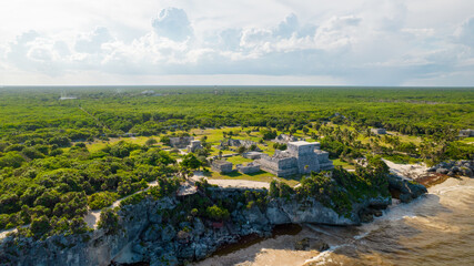 Ancient Mayan pyramid in Mexico. Tulum Archaeological Zone and ancient city. 