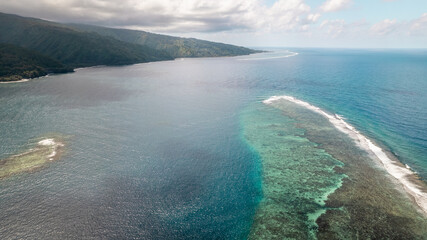 Aerial view of coral reef and atoll in French Polynesia. 