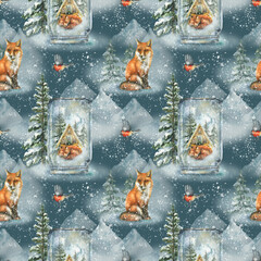 Watercolor seamless pattern bullfinch, fox illustration. On a dark background.Winter forest background with pines and firs, snowy trees, mountains. Hand-painted Christmas design template.