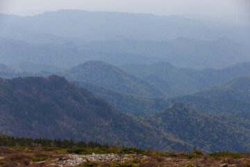 The nature of the Far East. View from a high mountain to a summer green valley.