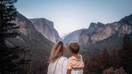 Wall murals Half Dome Mother and son at Yosemite National Park, Mountains and Valley view. California, USA
