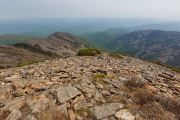 The nature of the Far East. The top of Mount Lysaya in the Primorsky region. A beautiful peak of a high mountain.