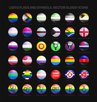 LGBTQ Pride Flags And Symbols 3D Vector Glossy Round Icons Set Isolated On Black Background. Rainbow LGBT Community Design Elements Rounded Buttons Collection On Dark Backdrop